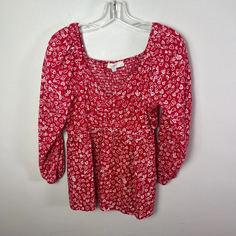 LOFT Petites Red White Heart Print Smocked Square Neck Long Sleeve Top Size 6P - Picture 7 of 10
